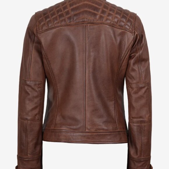 Cognac Leather Biker Style Jacket - Quilted Shoulder Sz S - Picture 4 of 12